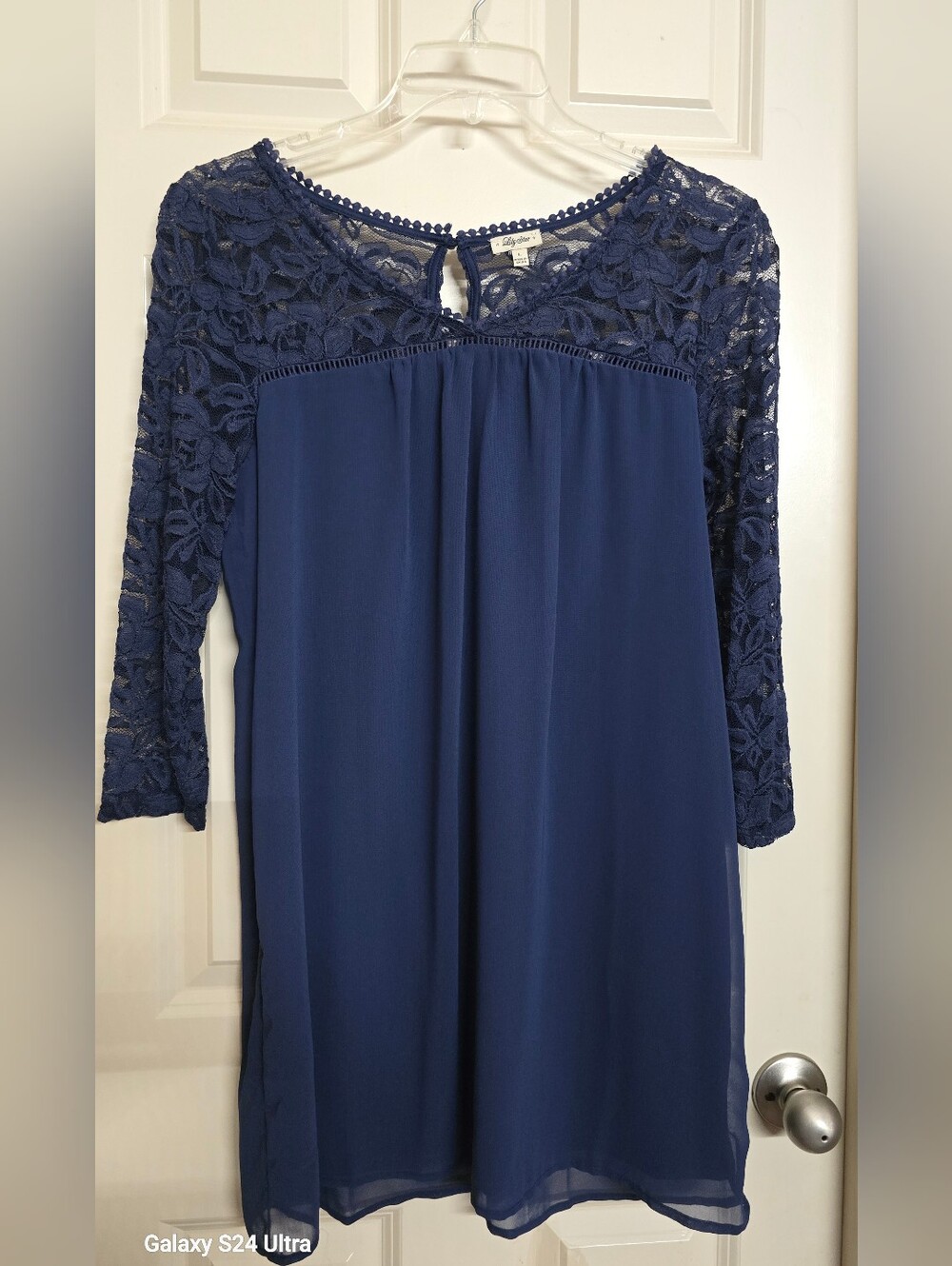 Lily Star Navy Lace Yoke Long Sleeve Shift Dress